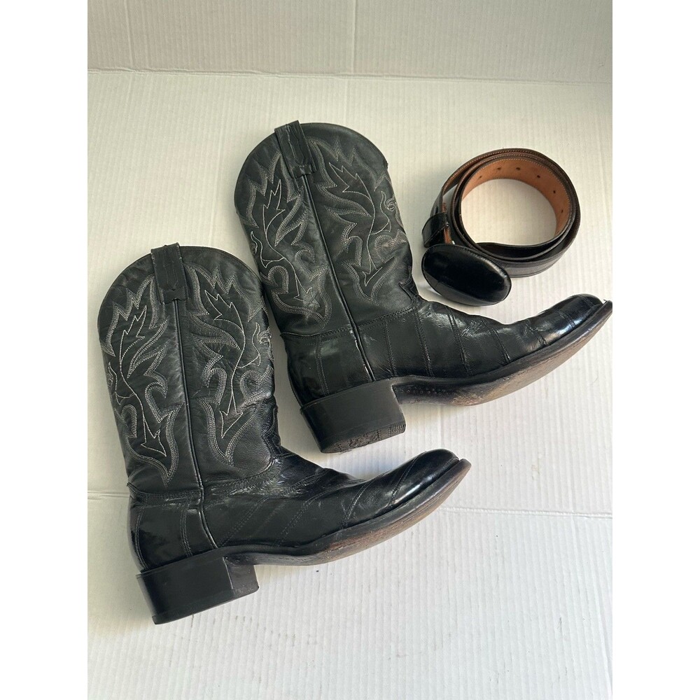 Eel Skin Rodeo Bravo Men’s Cowboy Boots Size 9 And Montana Eel Skin Leather Belt